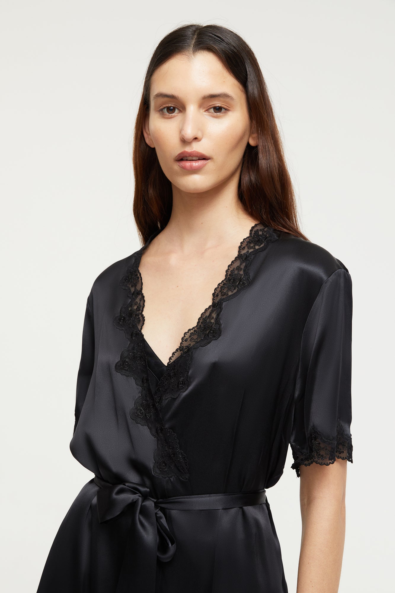 GINIA Silk Robe with Lace  in Black - 100% Silk