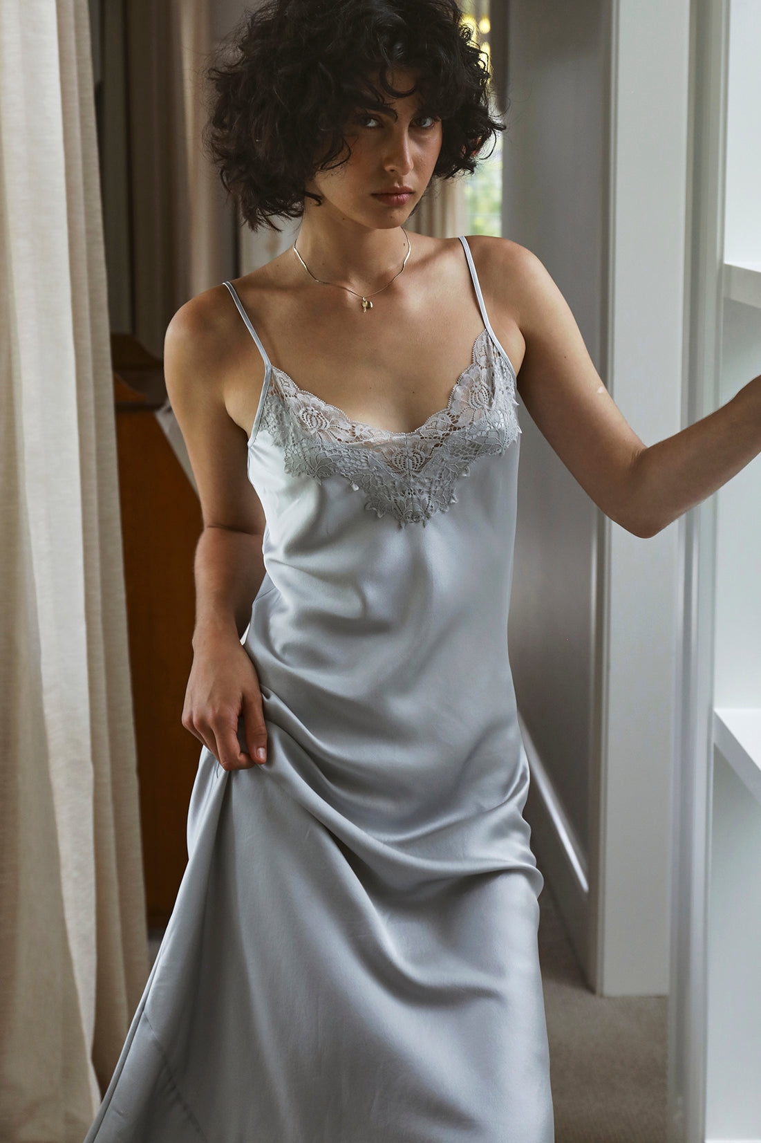 The Silk Lace Slip By GINIA In Silver