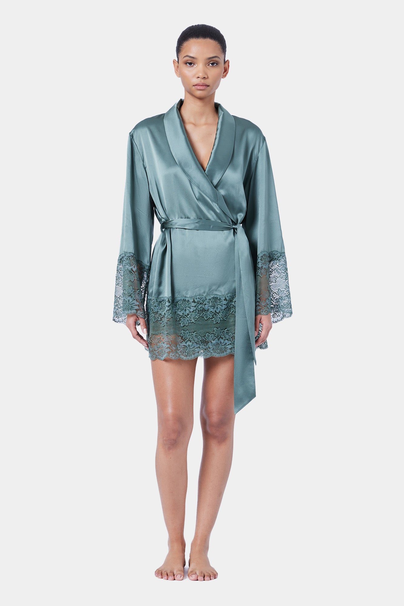 The Silk Lace Robe By GINIA In Moss