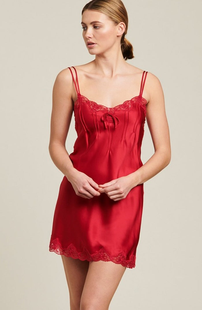 100% Silk Chemise With Pintucks and Lace in Ruby | GINIA