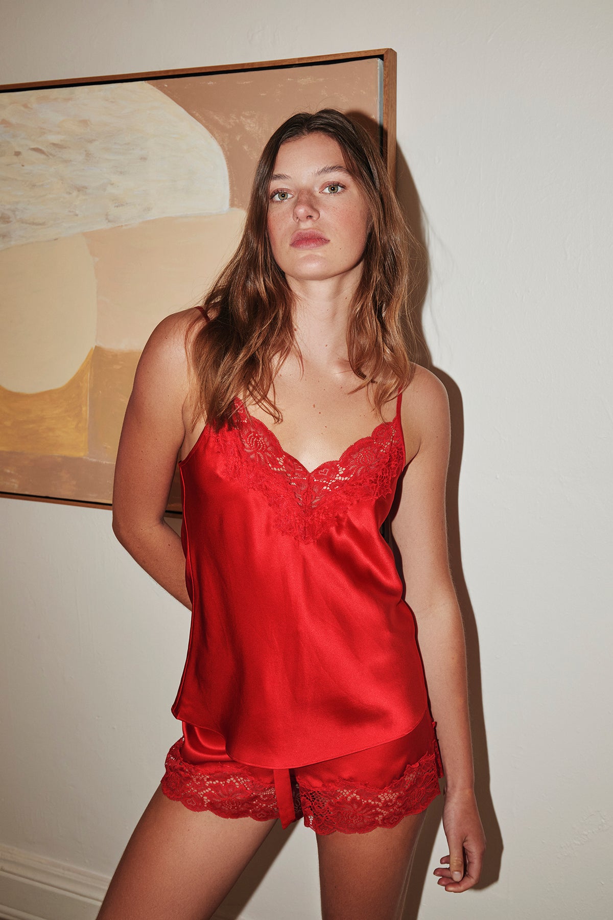 GINIA Silk Lace Cami in Red Chili 19 Momme Silk