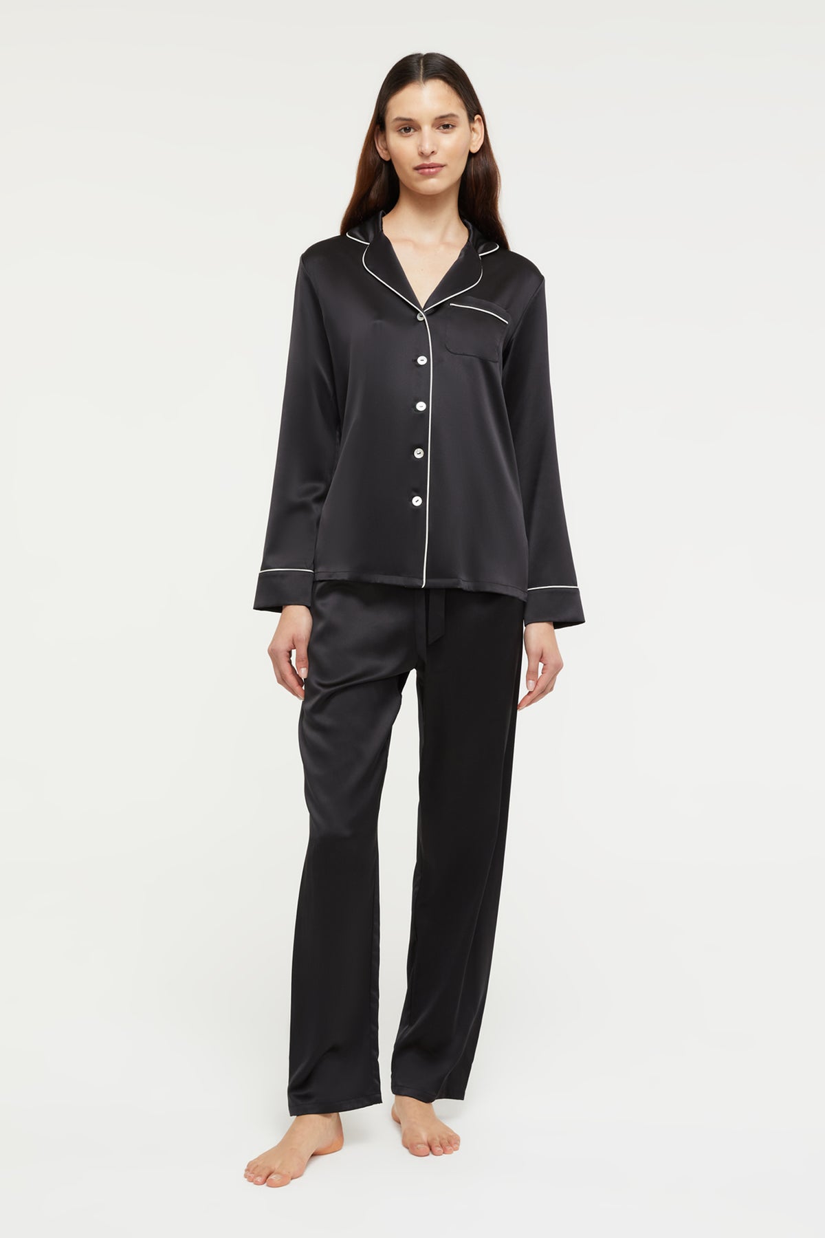 GINIA Fine Finishes Pyjama in Black/Creme Piping - 100% 19mm Silk Grade 6A