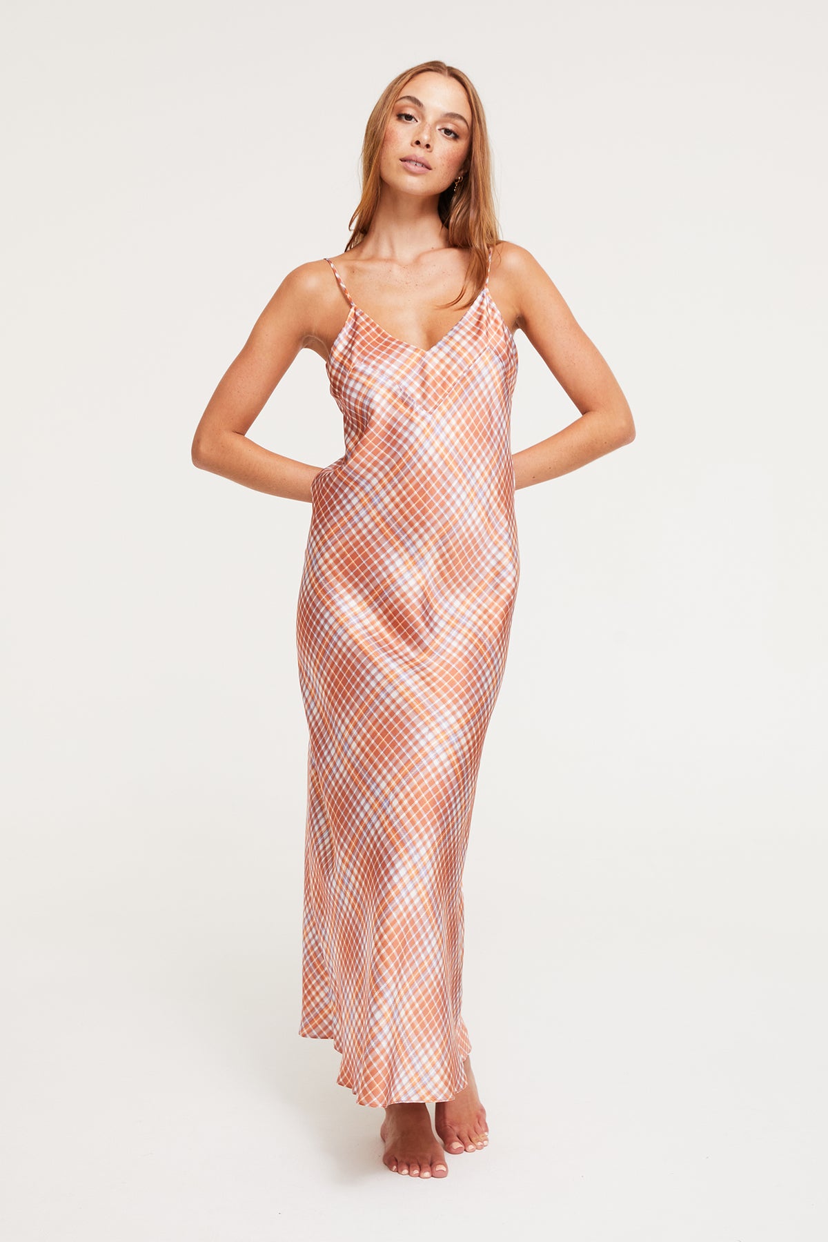 Wide Band Pure Silk Slip Midi Dress in Prism Check from Ginia