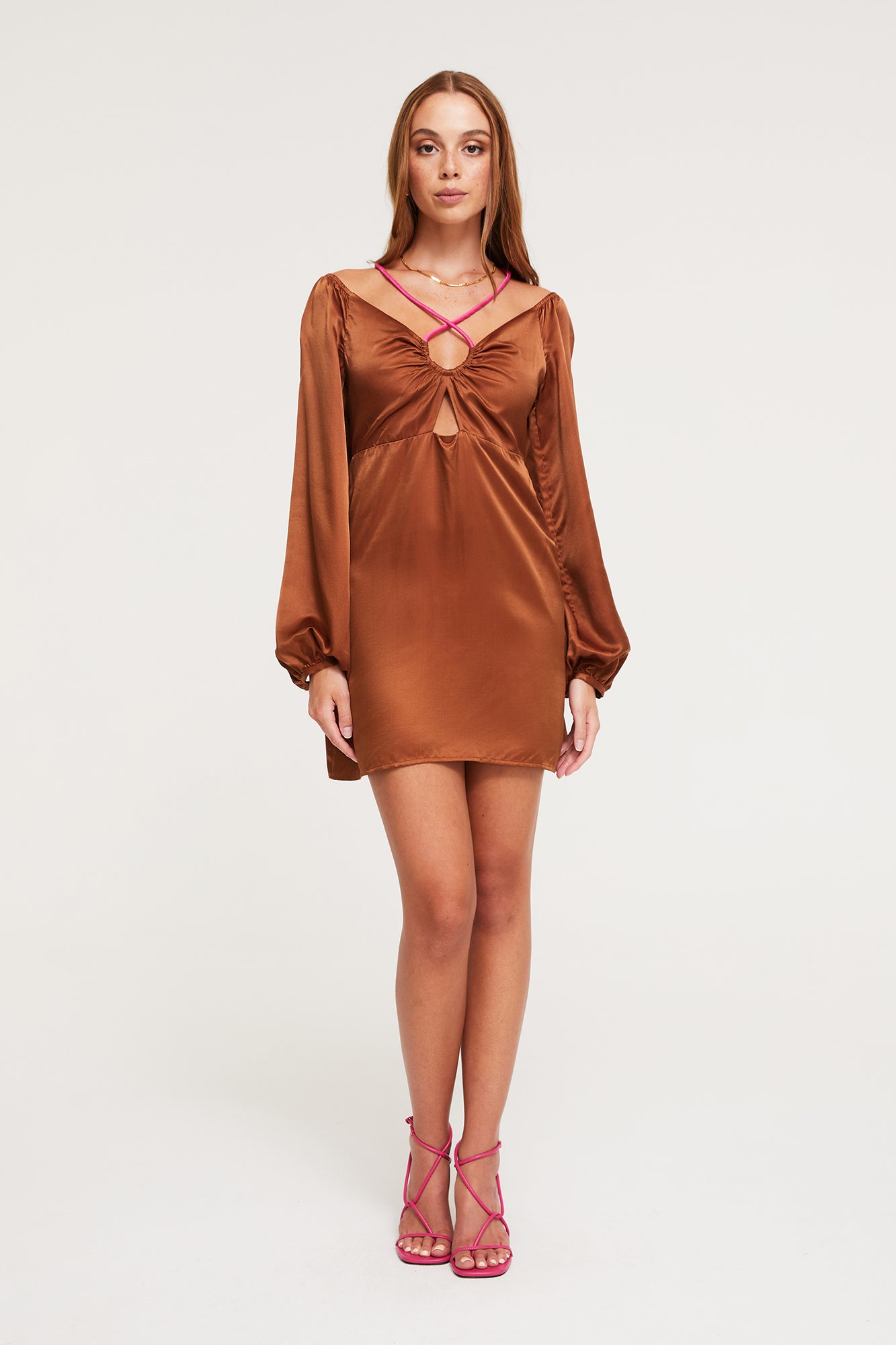 GINIA Selena Long Sleeve Dress  in Chocolate/Fuchsia - 25% Silk, 75% Linen