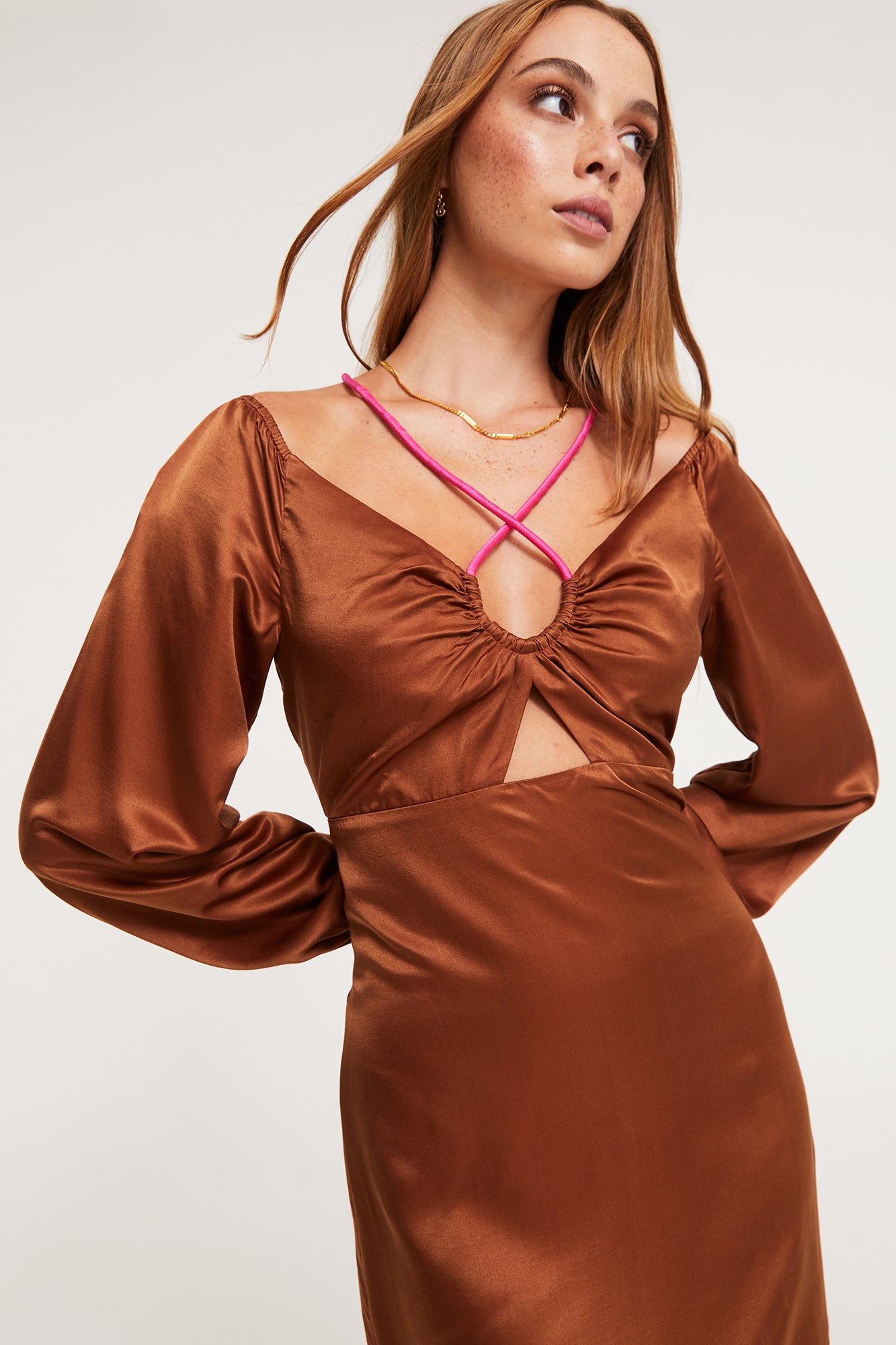 GINIA Selena Long Sleeve Dress  in Chocolate/Fuchsia - 25% Silk, 75% Linen
